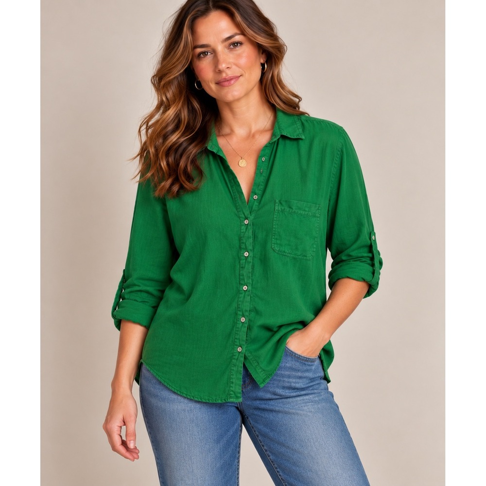 Zara Women Kelly Green Button Down Shirt XL Linen Sleeve Solid 100% Linen
